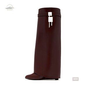 Vegan Leather Wedge Heel Knee High Boots with Padlock Detail
